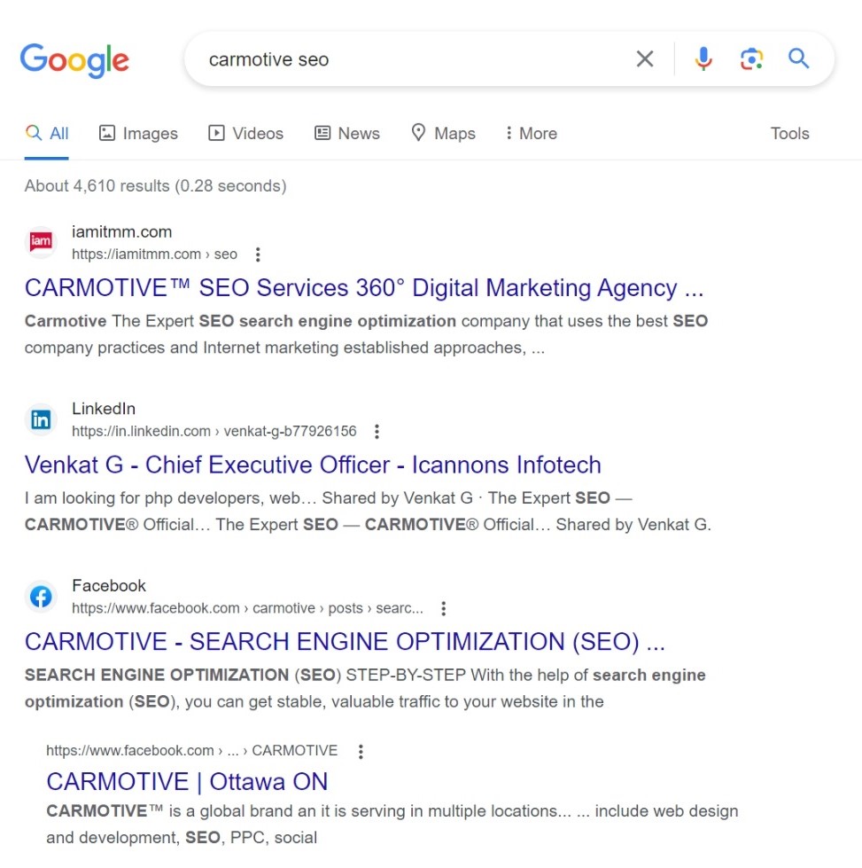 #1 Google Search Engine Ranking for Keyword carmotive seo